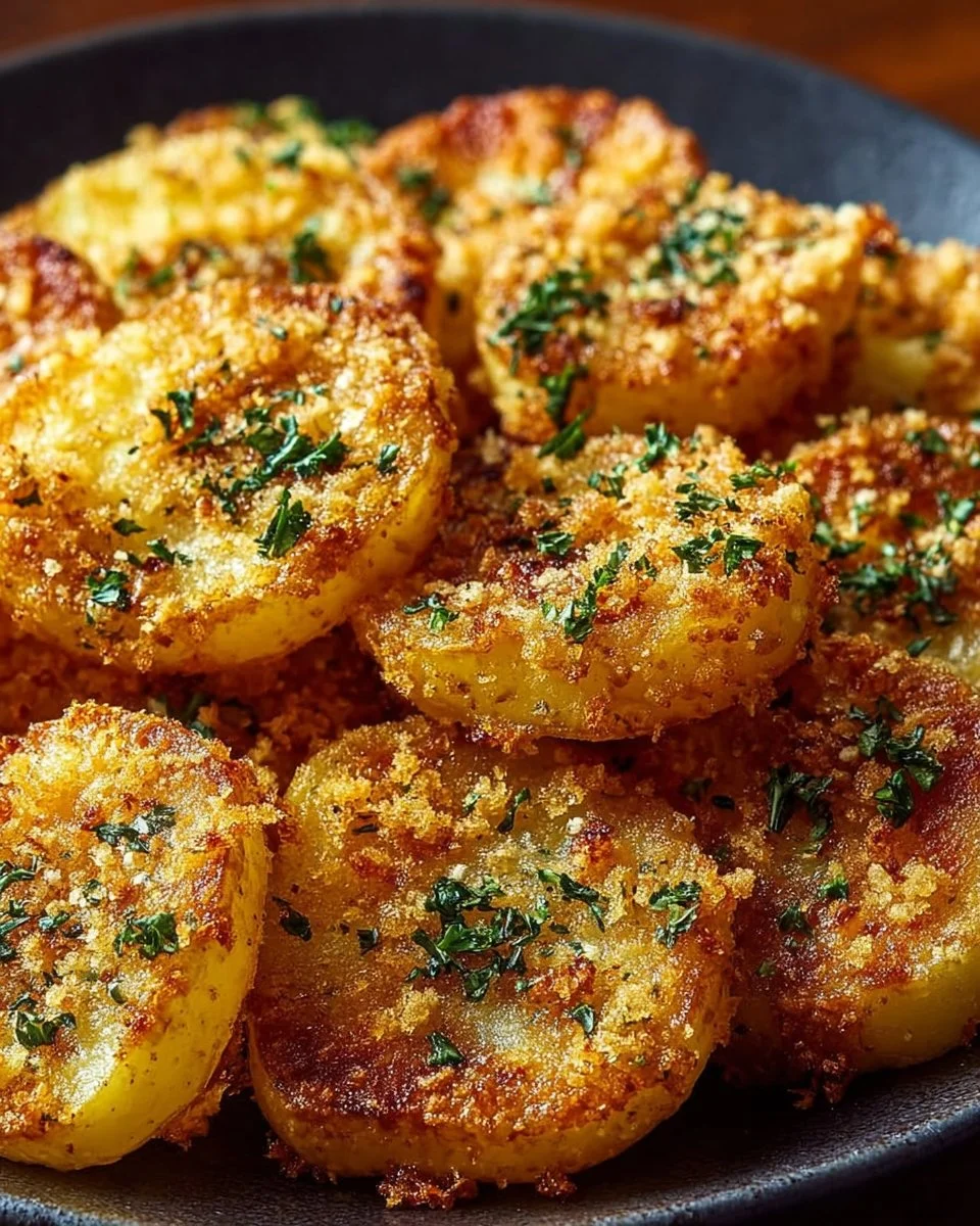 Crispy garlic butter parmesan smashed potatoes served in a bowl