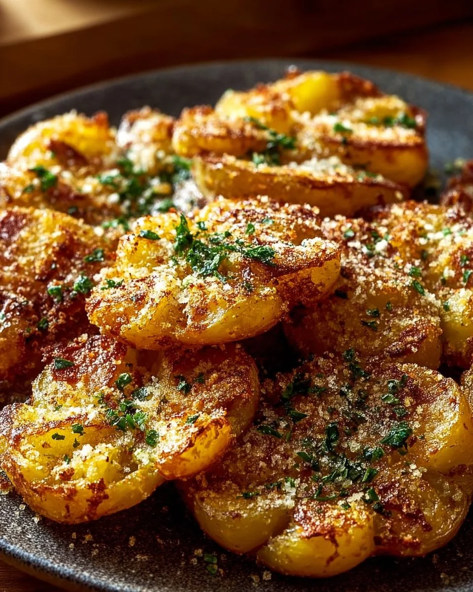 Crispy Garlic Butter Parmesan Smashed Potatoes