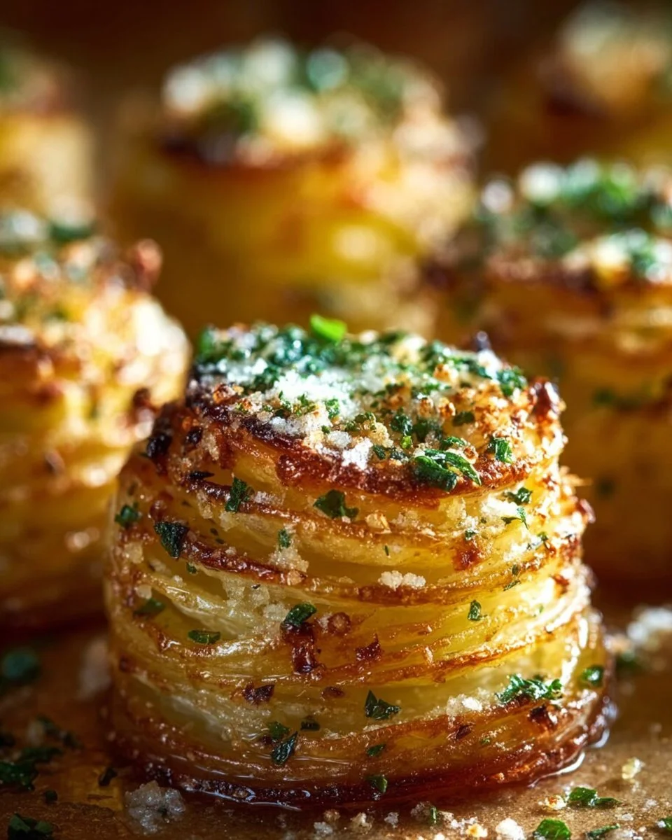 Crispy garlic parmesan potato stacks served on a plate