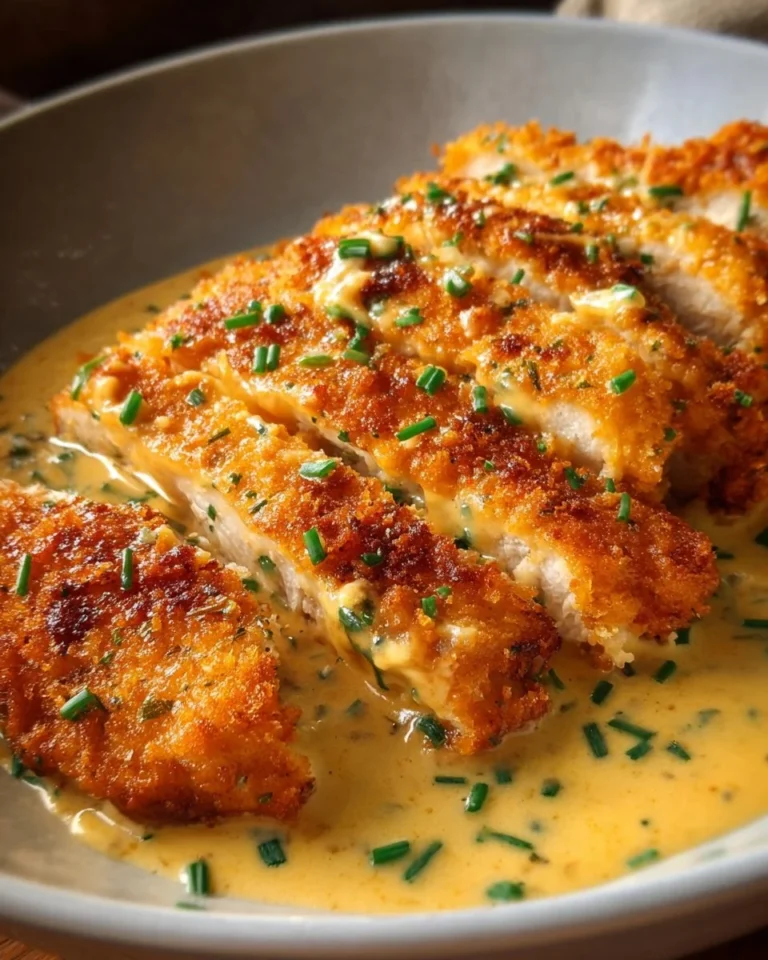 Crispy Parmesan Chicken served with creamy garlic sauce on a white plate