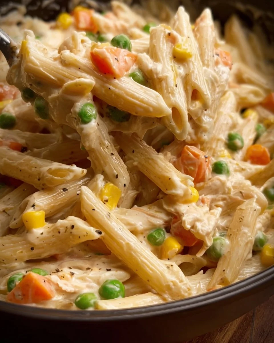 Crockpot Chicken Pot Pie Pasta served in a bowl with fresh ingredients
