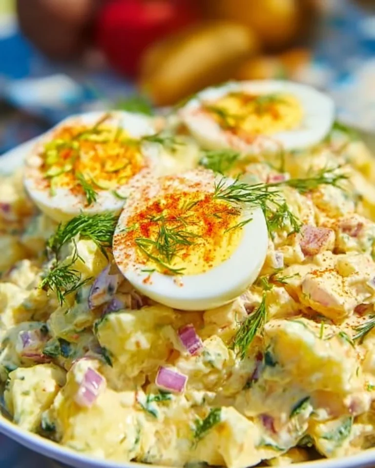 Delicious deviled egg potato salad served in a bowl with herbs