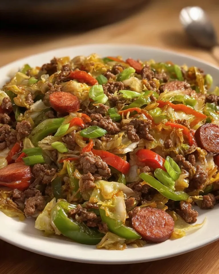 Bowl of Dirty Cabbage with Smoked Turkey Sausages, garnished and ready to serve.