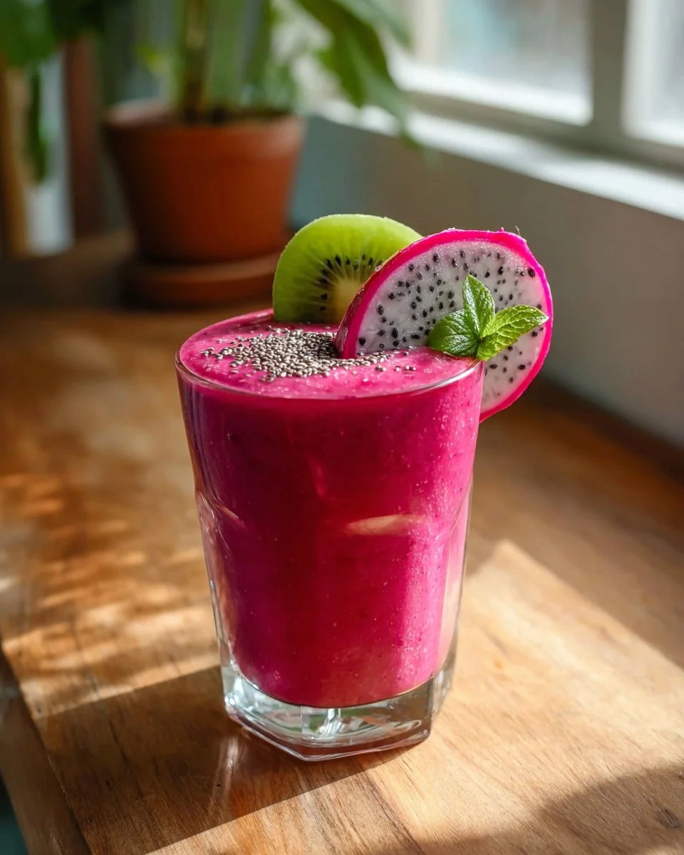 Delicious and vibrant dragon fruit smoothie in a glass with fresh fruit garnish.