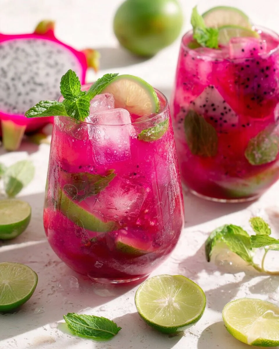 Dragonfruit Mojito Mocktail with fresh mint and vibrant pink color