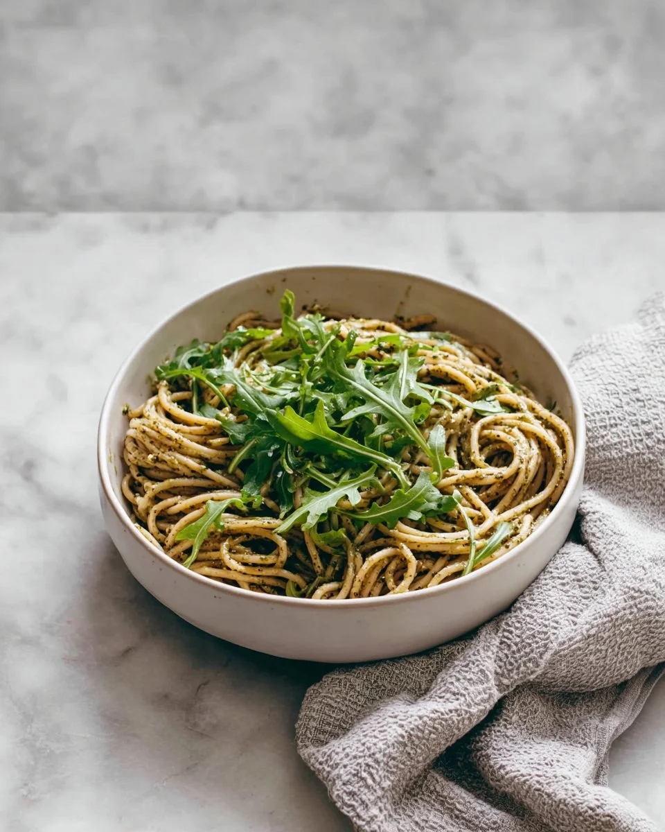 Plate of easy arugula pesto pasta topped with parmesan and pine nuts