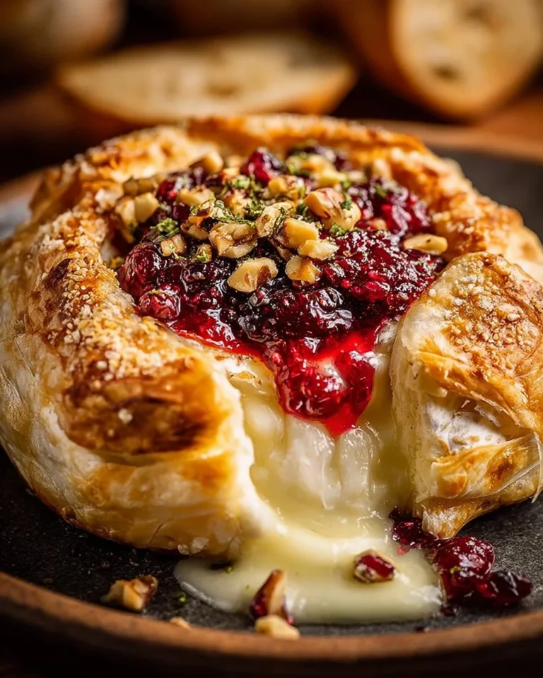 Easy Cranberry-Orange Baked Brie in puff pastry on a serving platter