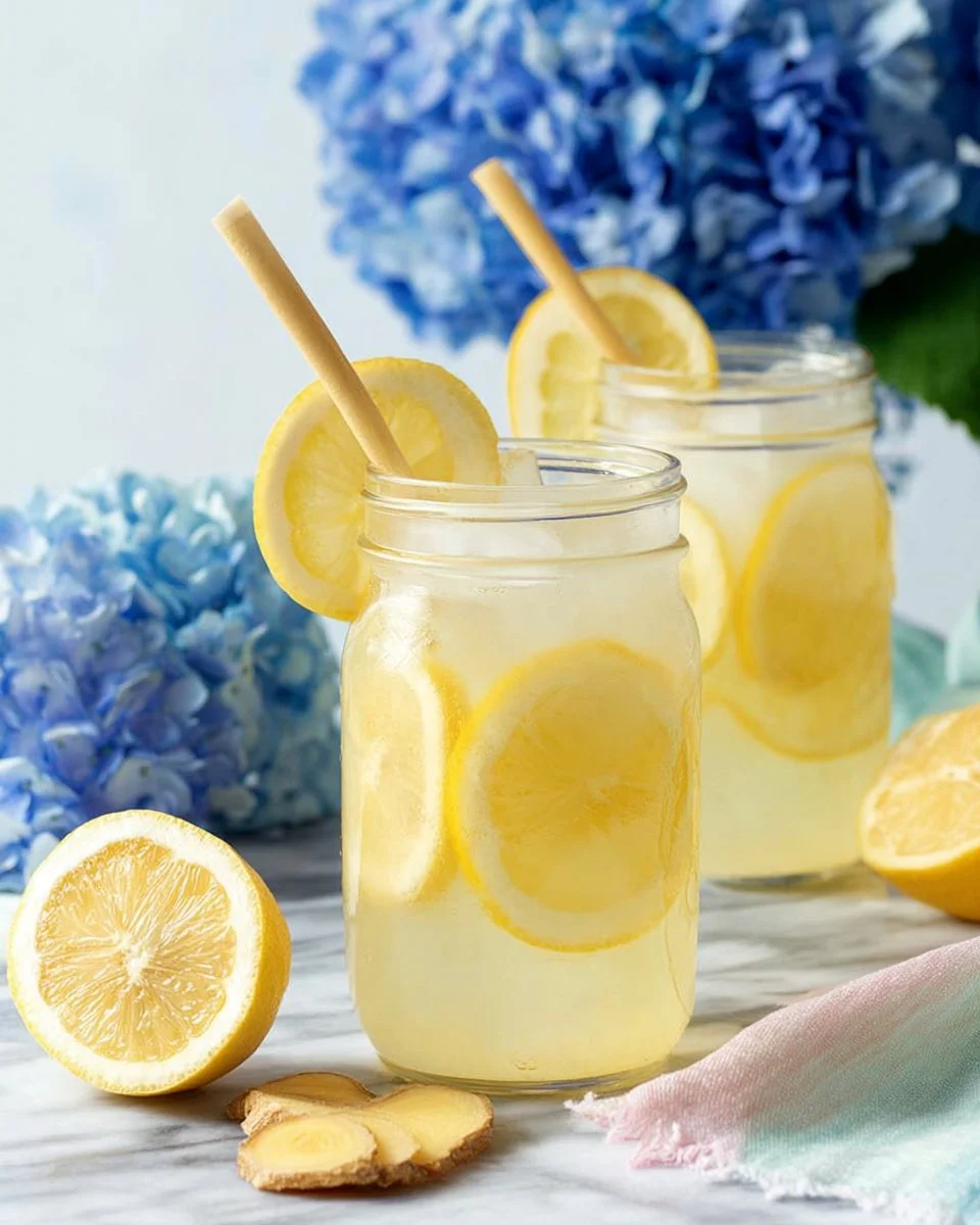 A glass of refreshing ginger lemonade garnished with lemon slices.