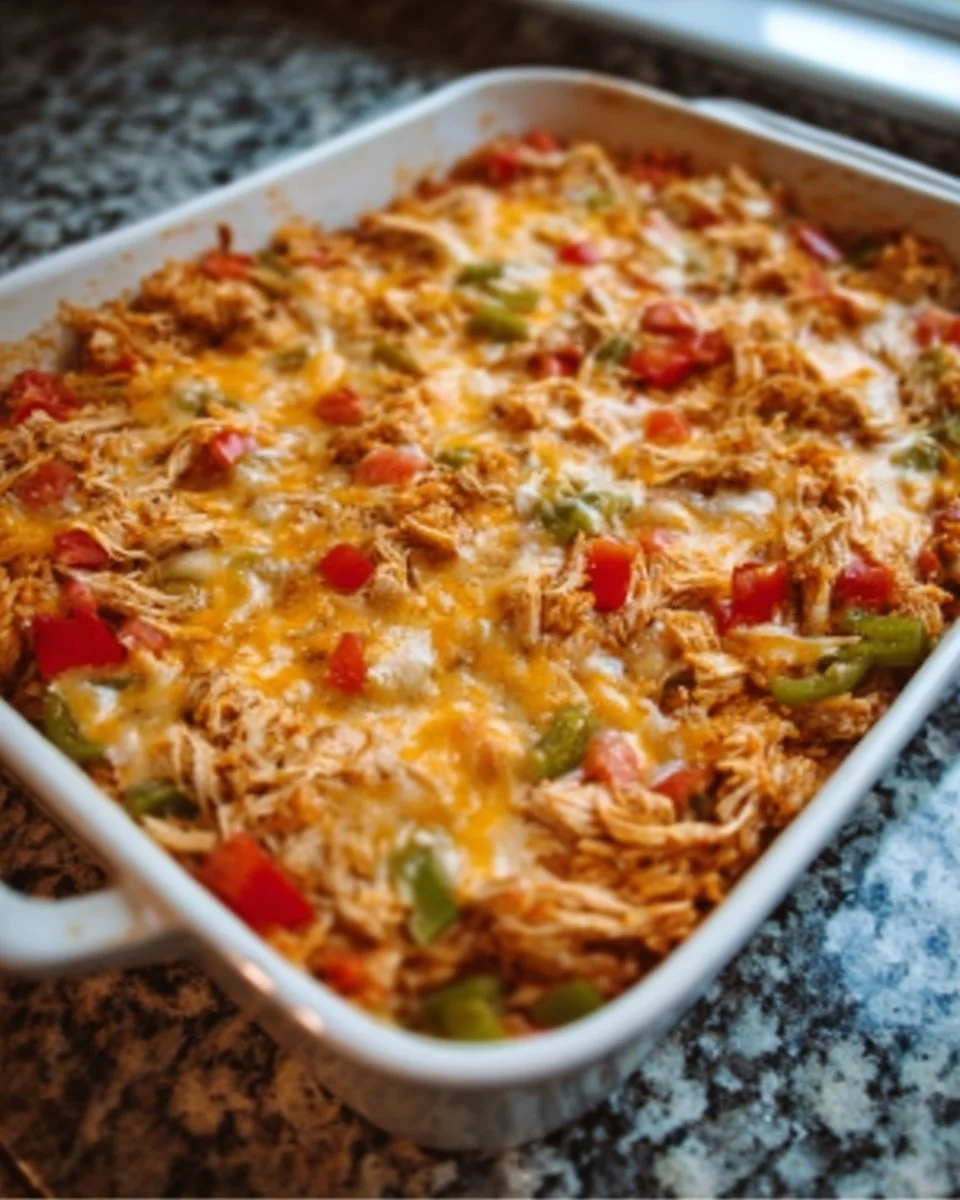 Delicious Fajita Chicken Casserole topped with cheese and peppers