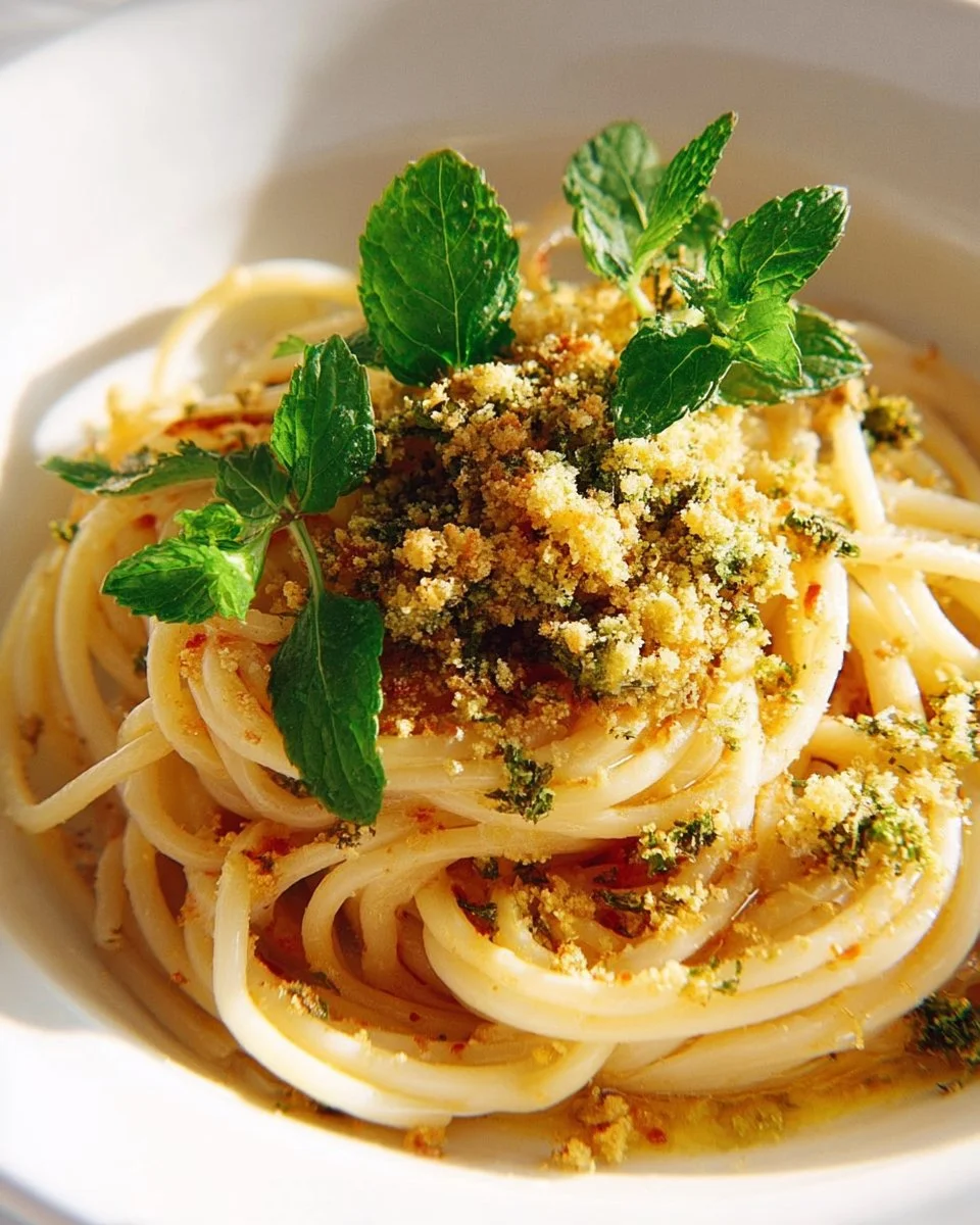 Plate of fragrant spaghetti topped with herbs and sauce