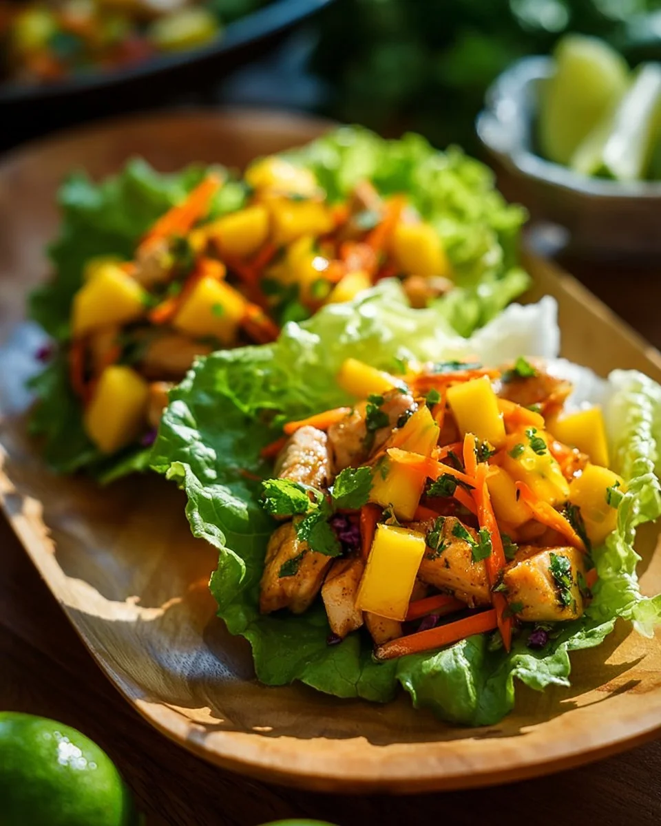 Delicious mango chicken lettuce wraps garnished with fresh herbs