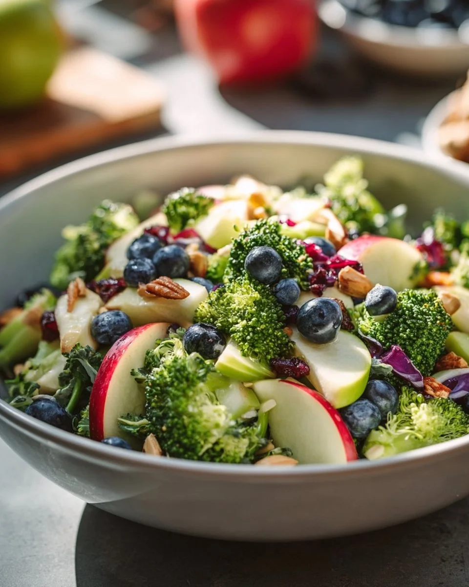 Fresh Broccoli Berry Salad with Homemade Poppy Seed Dressing in a bowl