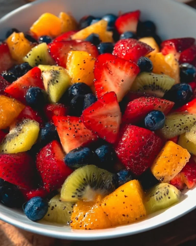 Colorful fresh fruit salad with honey lime poppy seed dressing served in a bowl.