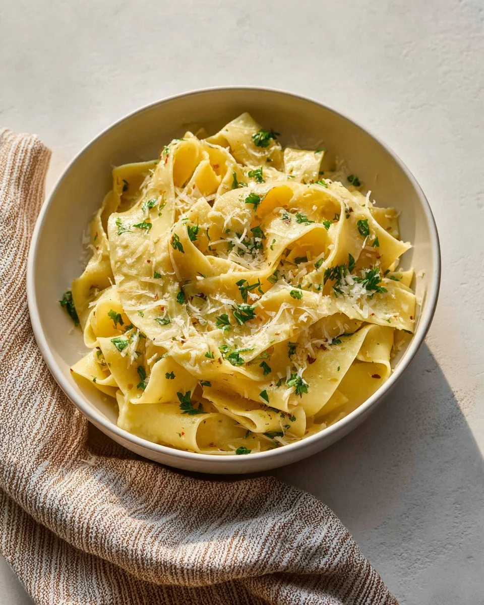 Plate of fresh herb pappardelle pasta garnished with herbs and sauce