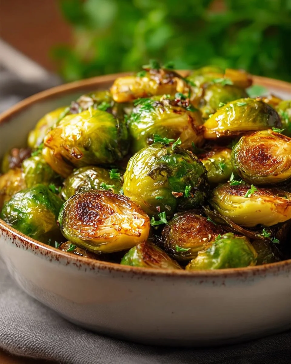 Crispy air-fried frozen Brussels sprouts in a bowl