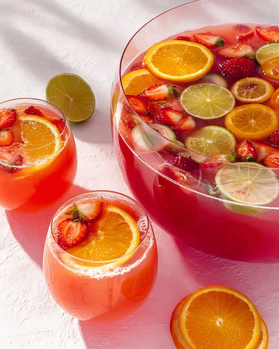 Colorful fruit punch mocktail in a glass with fresh fruits and ice