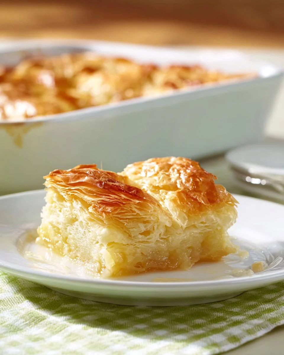 Delicious Galaktoboureko dessert with layers of phyllo and semolina custard.