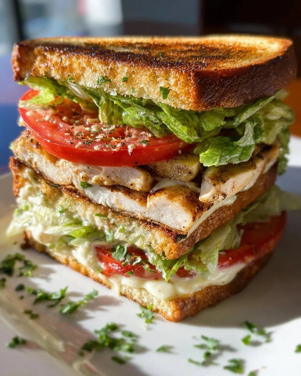 Garlic butter, lettuce, tomato, and grilled chicken sandwich on a plate