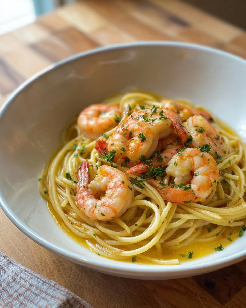 Plate of Garlic Butter Shrimp Pasta with herbs and spices
