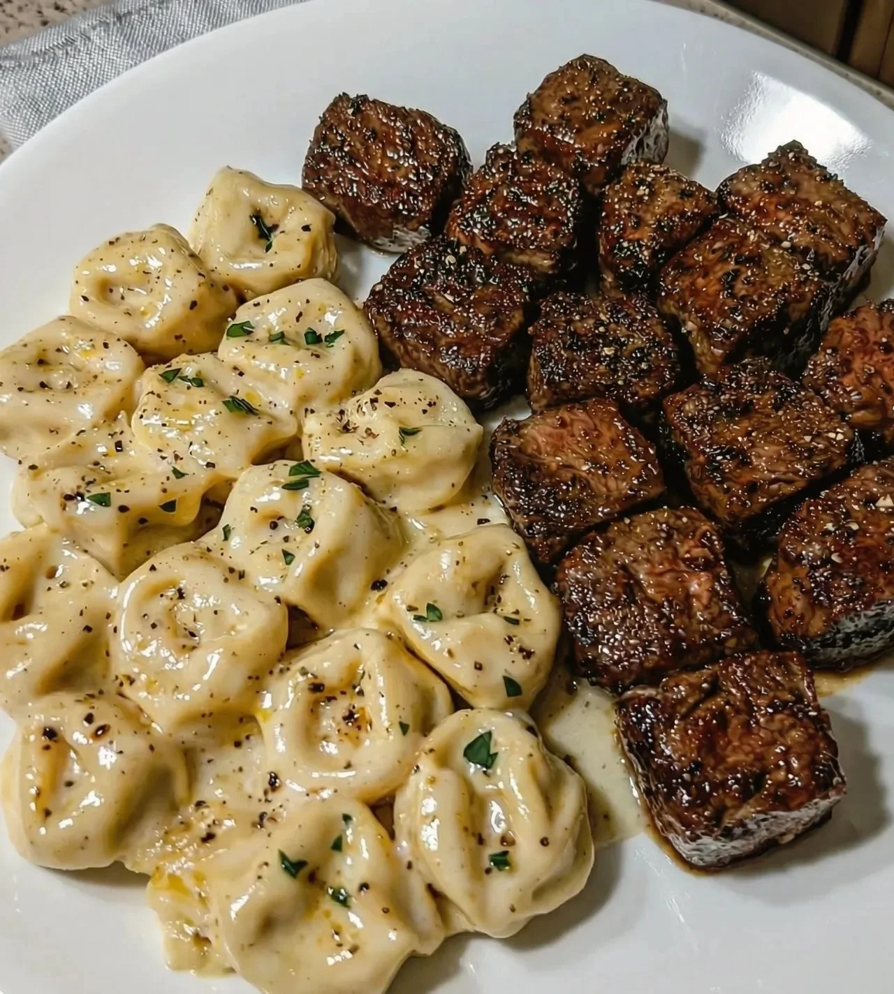 Garlic Butter Steak Bites & Creamy Alfredo Tortellini