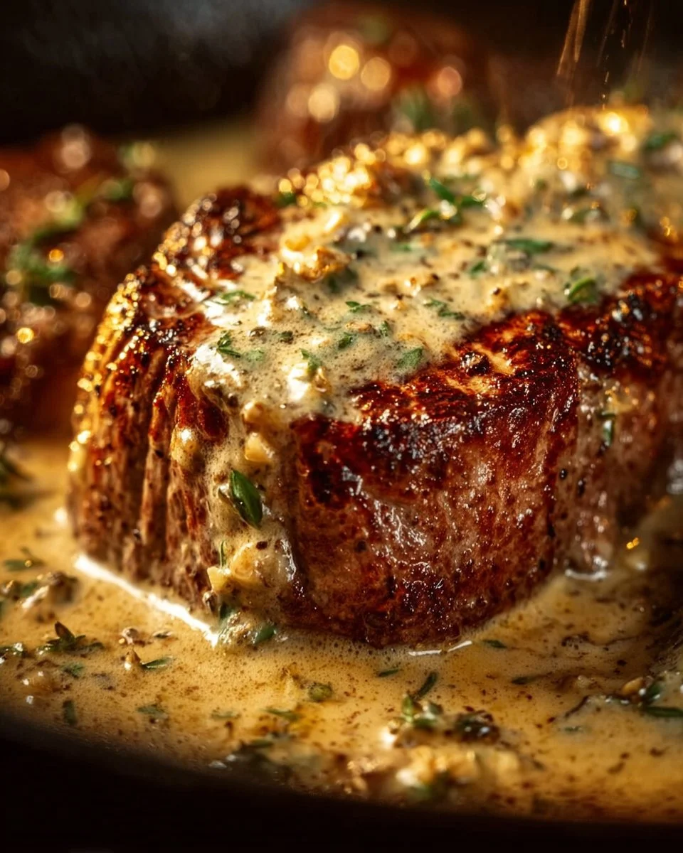 Delicious Garlic Butter Steak topped with Parmesan Cream Sauce