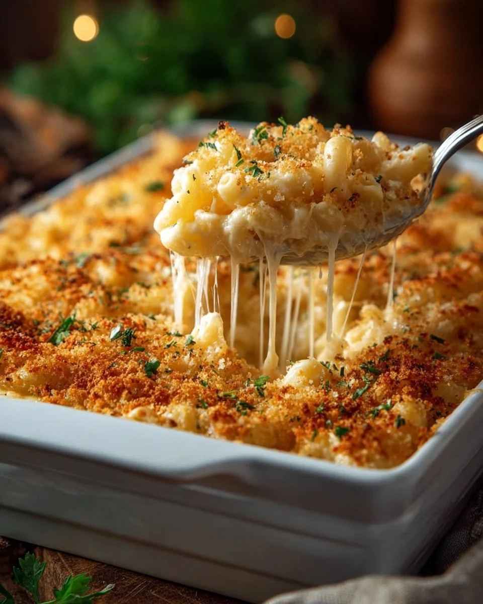 Creamy Garlic Parmesan Chicken Pasta Bake topped with cheese and herbs