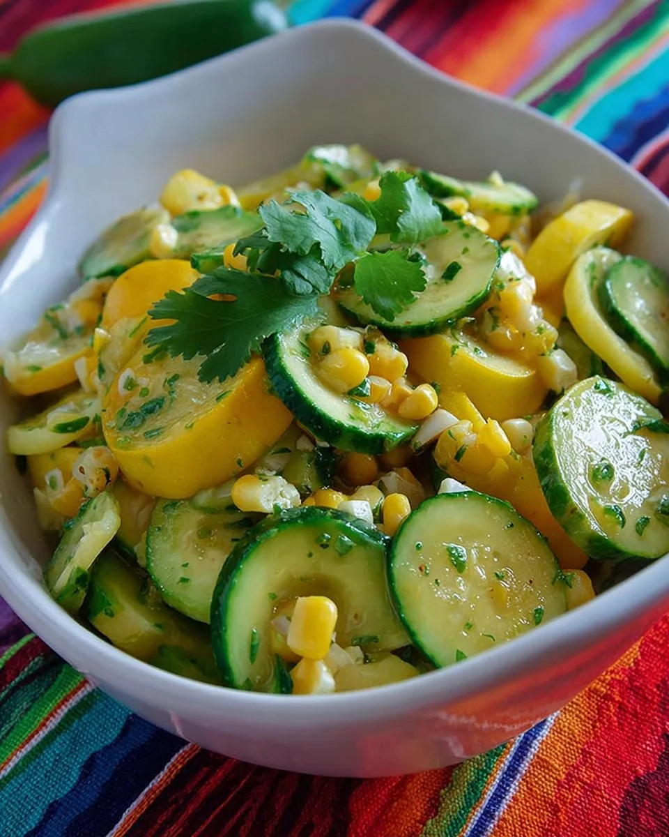 Dish of garlicky summer squash and fresh corn garnished with herbs