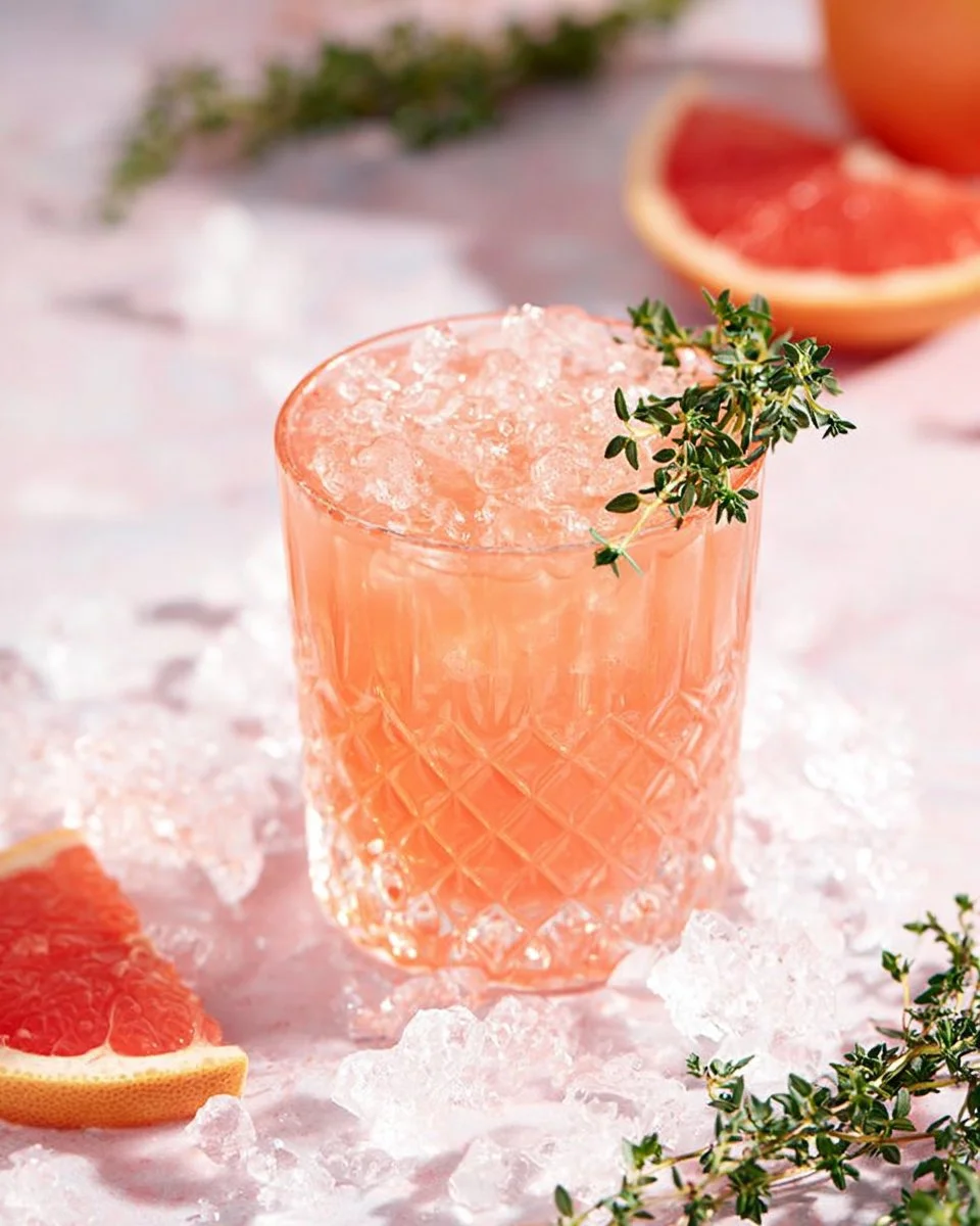 A refreshing Grapefruit Thyme Fizz cocktail garnished with fresh thyme.