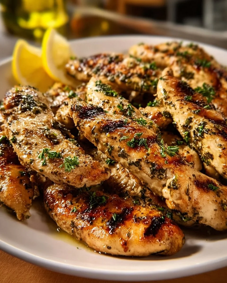 Greek-style grilled chicken tenders on a plate, garnished with herbs.