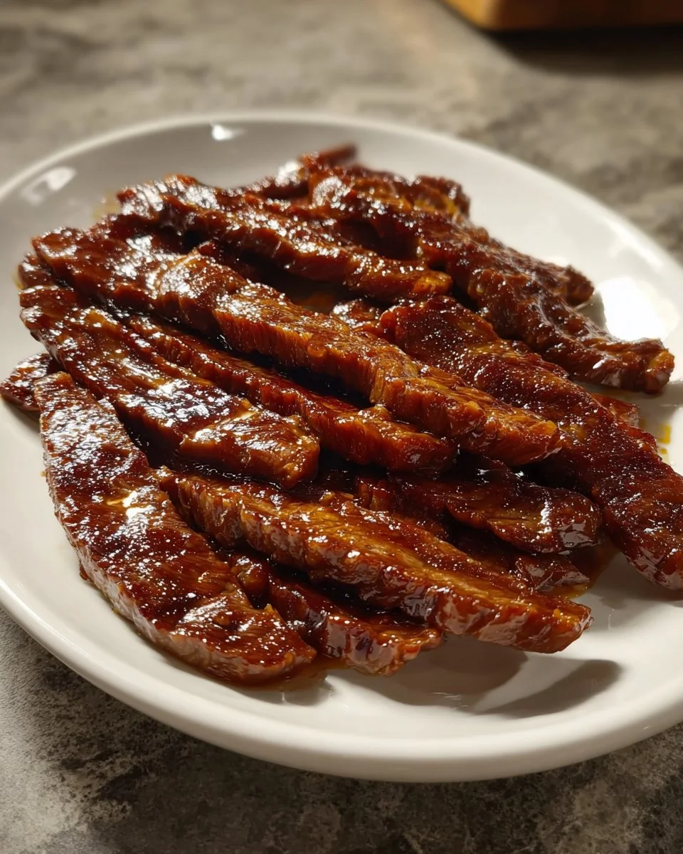 Honey glazed steak strips grilled to perfection in a pan.