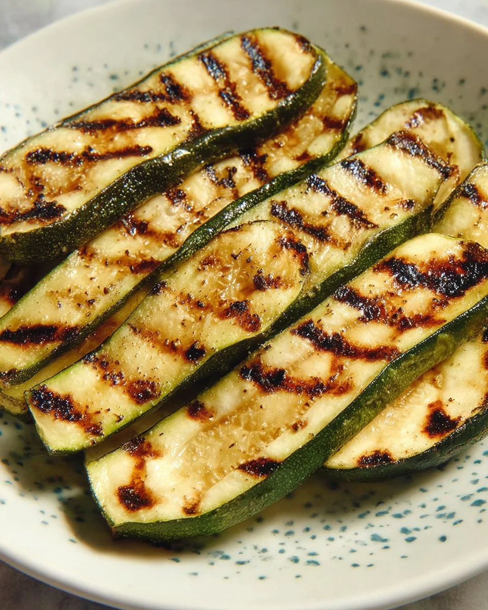 Grilled sliced zucchini on a plate, showcasing vibrant color and grill marks.
