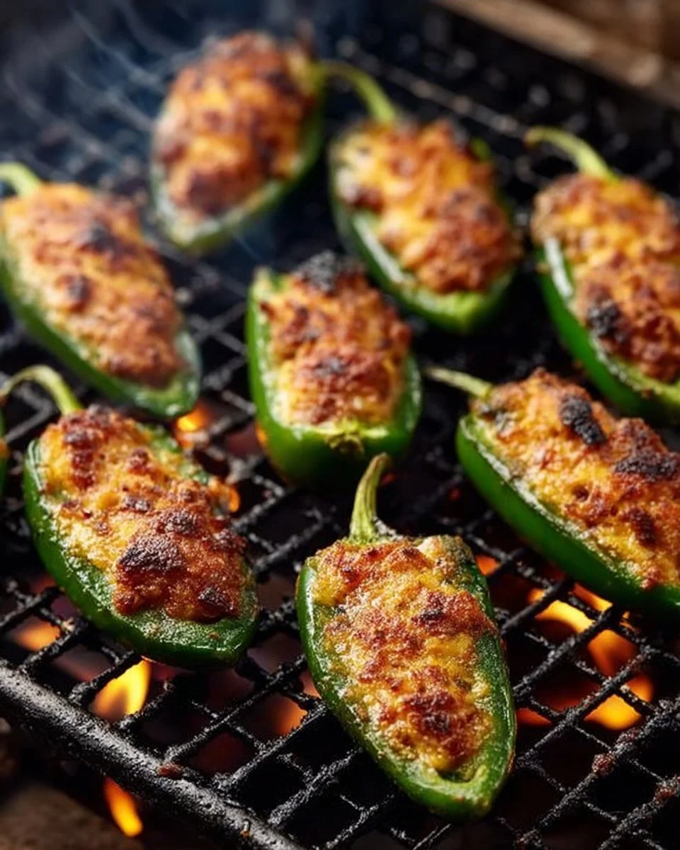 Grilled stuffed jalapeños with bacon, chicken, and cheese on a platter