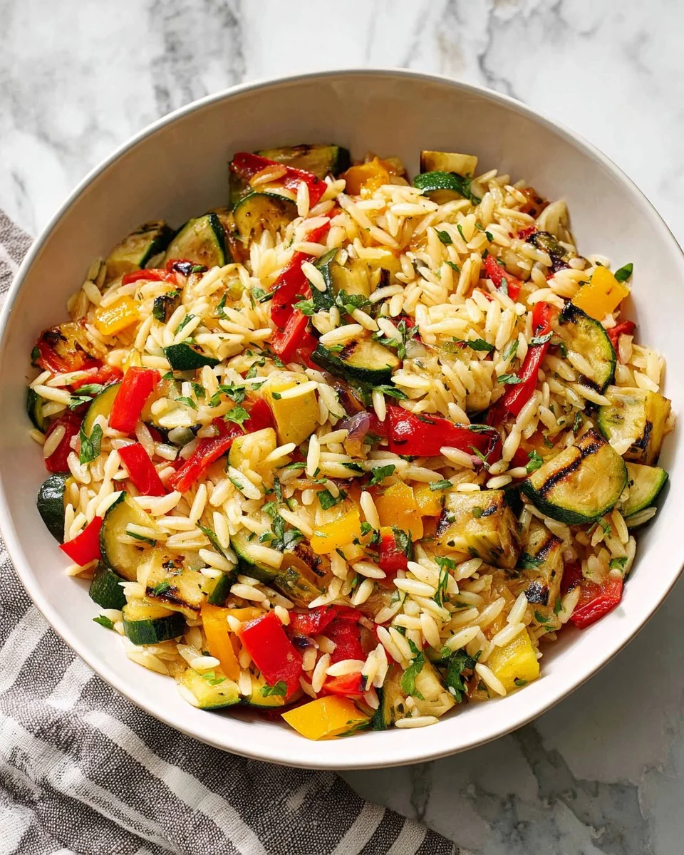 Colorful grilled vegetable orzo salad served in a bowl, garnished with herbs.