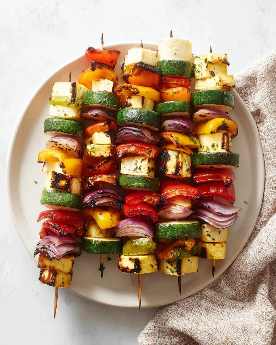 Grilled veggie skewers with halloumi cheese and colorful vegetables on a barbecue grill.