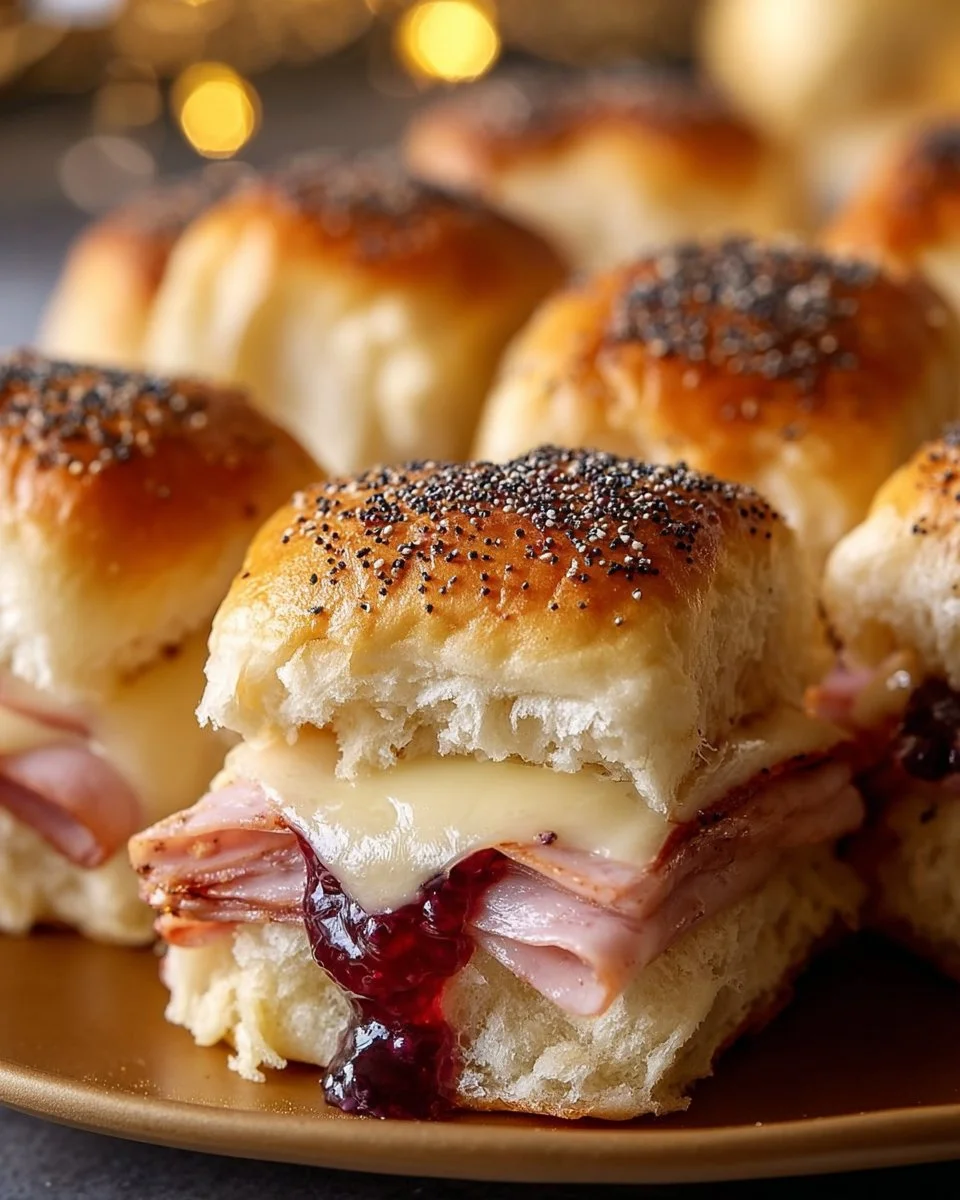 Delicious Ham and Cranberry Sliders with melted cheese on a platter