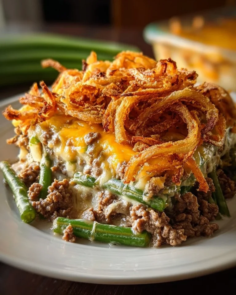 Delicious hamburger green bean casserole served in a baking dish