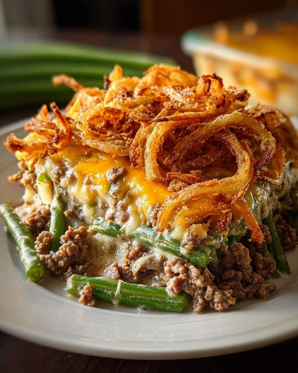 Delicious hamburger green bean casserole served in a baking dish