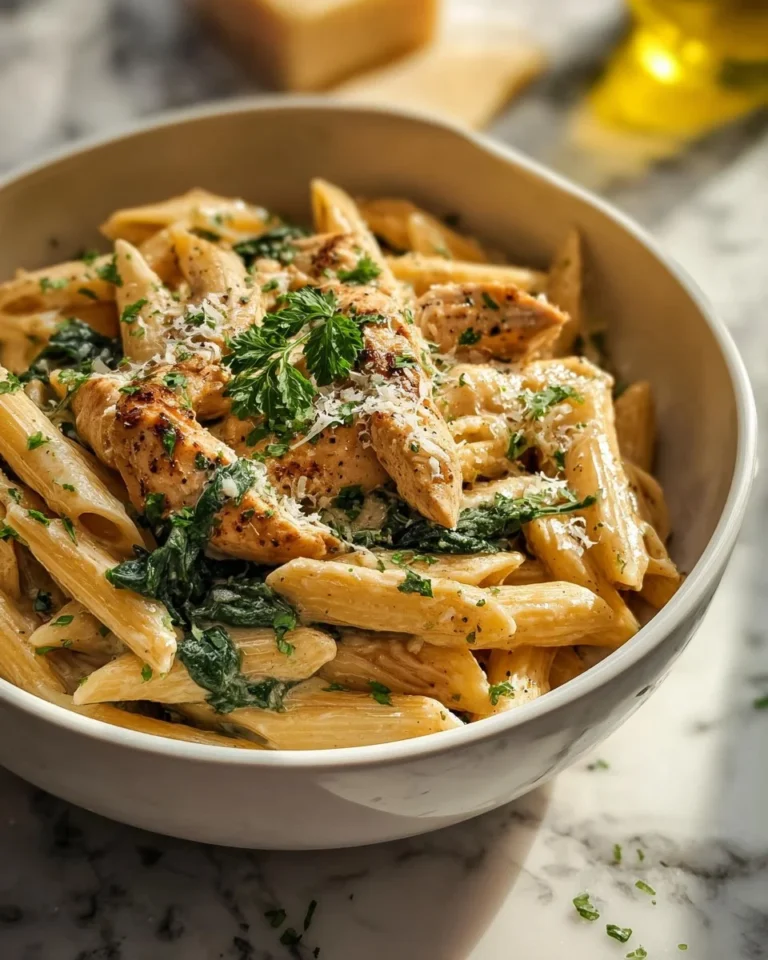 Healthy Garlic Parmesan Chicken Pasta garnished with parsley and parmesan cheese