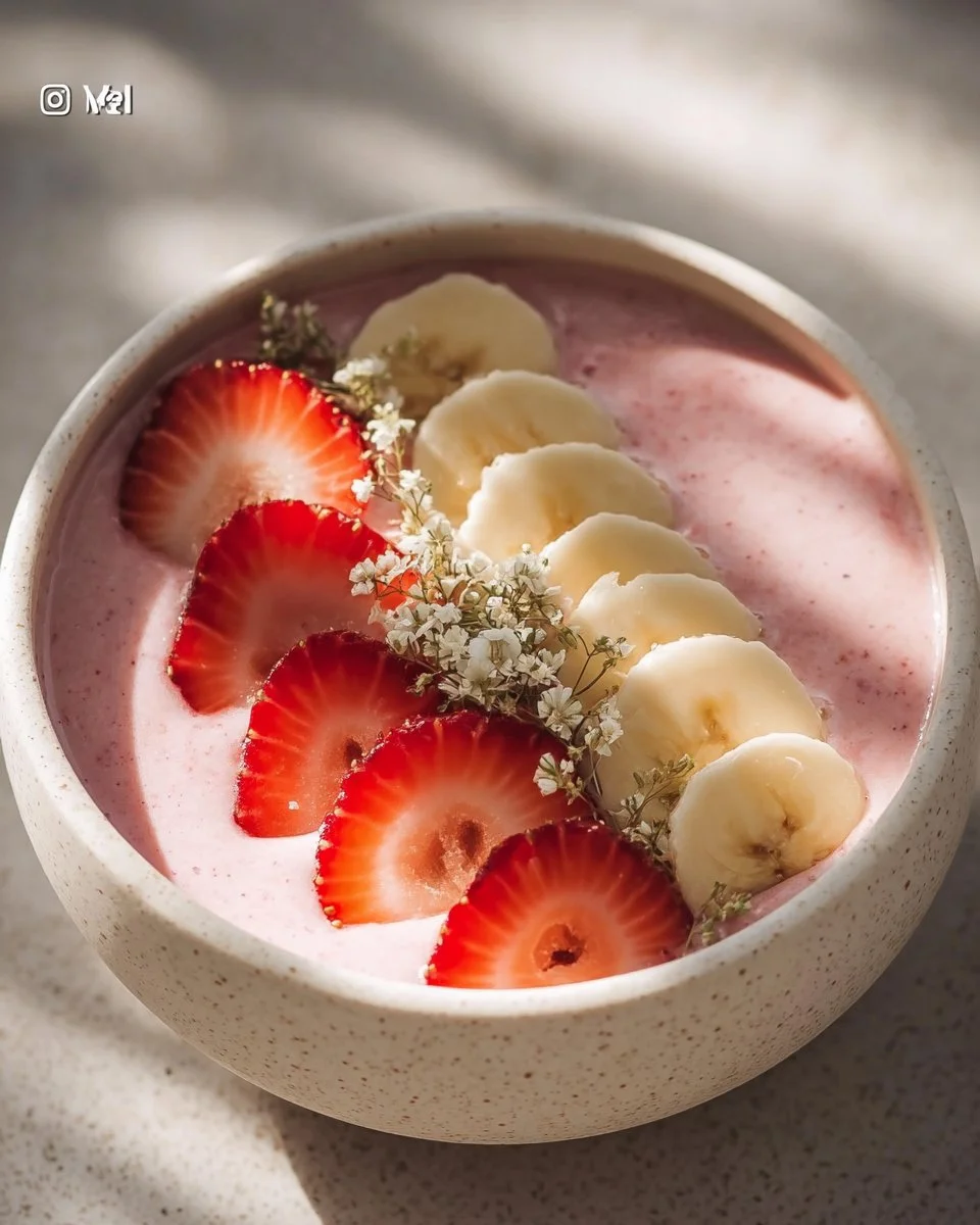 Delicious healthy strawberry banana smoothie bowl topped with fresh fruits and nuts