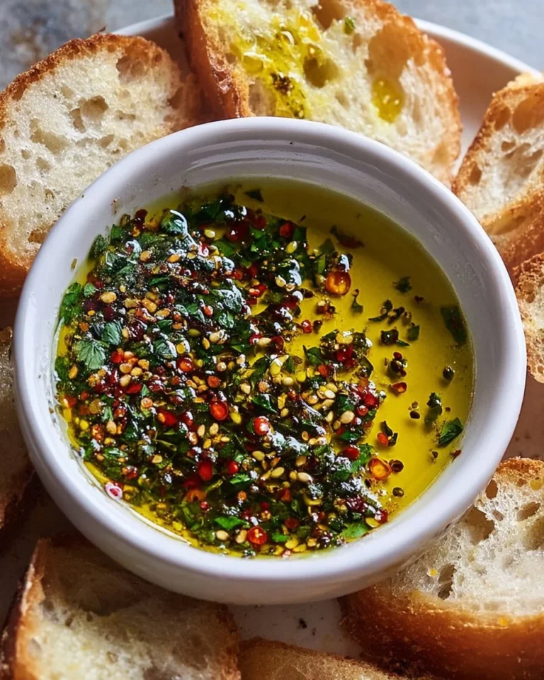 Herb-infused olive oil dip served with bread for dipping.