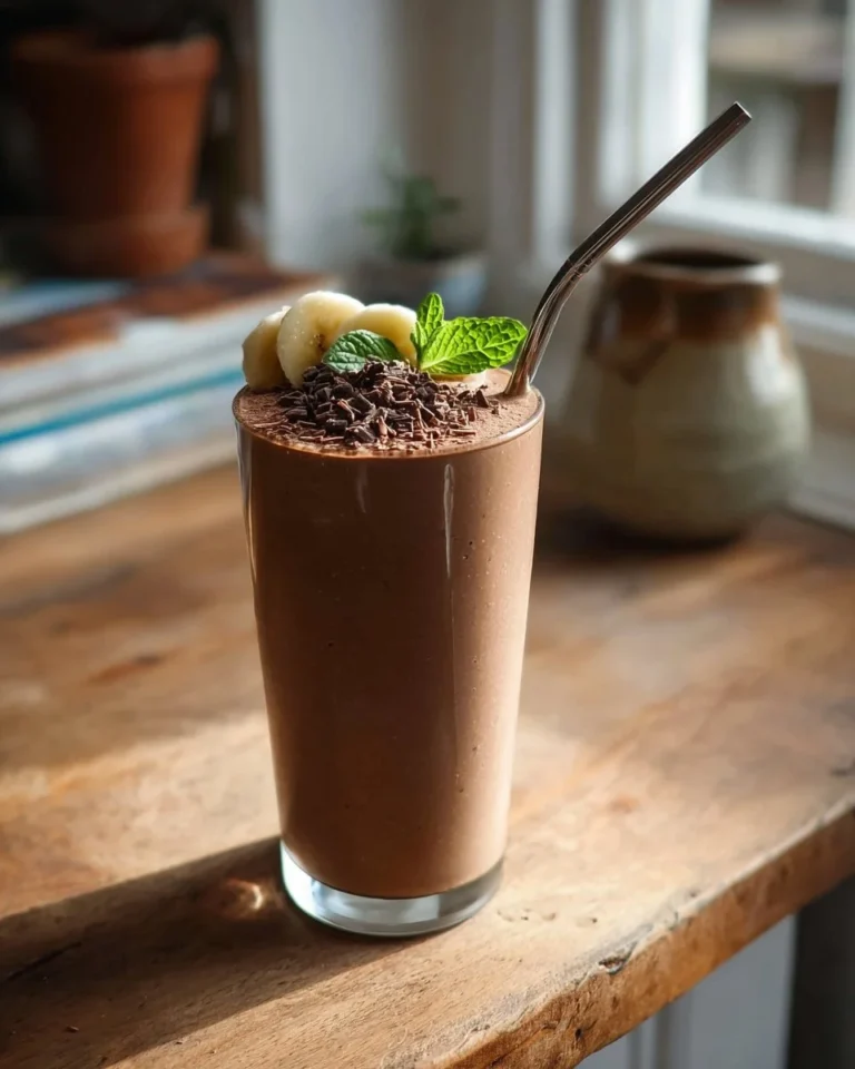 High protein chocolate smoothie in a glass with chocolate toppings
