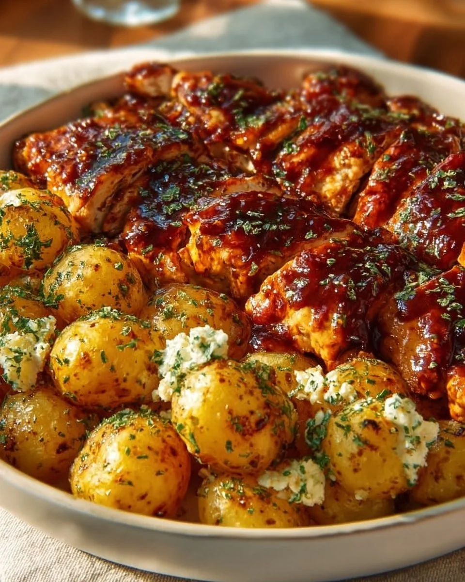 Plate of Honey BBQ Chicken with Garlic Parmesan Potatoes garnished with herbs.