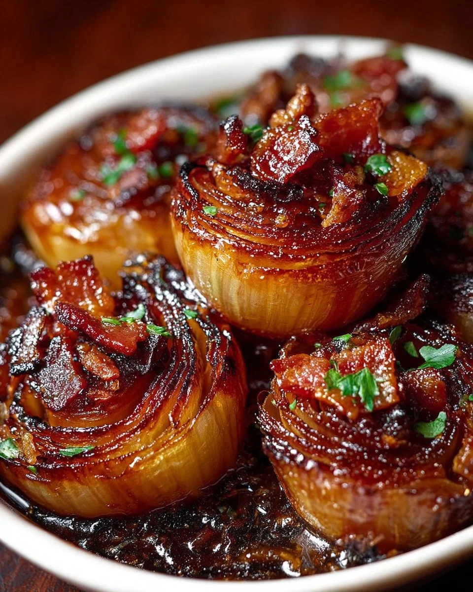Honey-glazed shallots served with crispy bacon on a plate