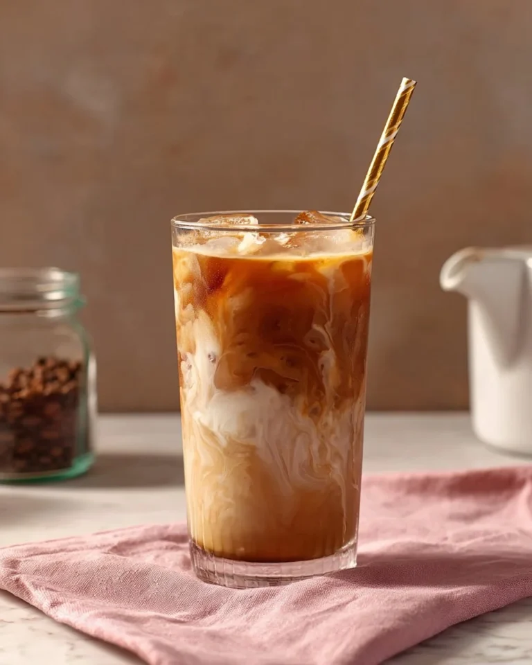 Iced Cappuccino topped with frothy milk and coffee ice cubes
