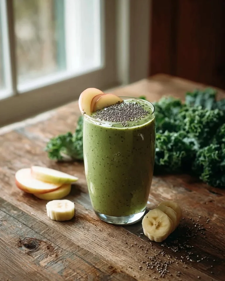 Fresh and nutritious kale smoothie in a glass with fruits