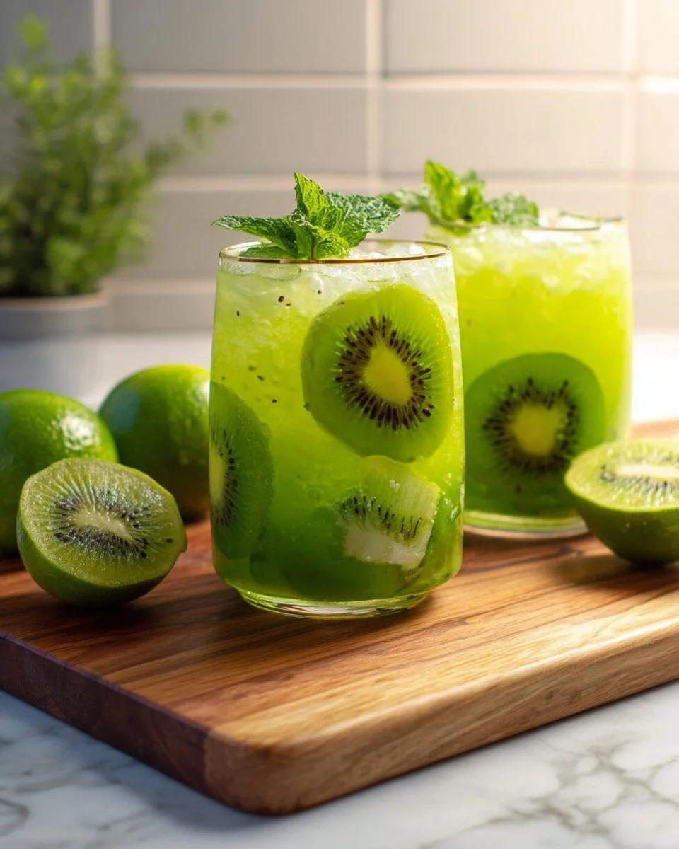 Delicious Kiwi Mocktail served in a glass with fresh kiwis and mint leaves