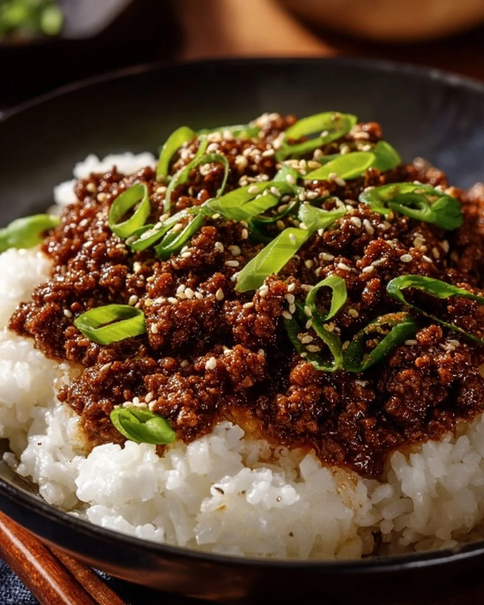 A vibrant Korean Ground Beef Bowl with vegetables and rice.