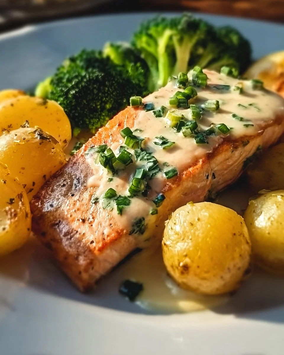 Lemon Butter Salmon served with crispy potatoes and steamed broccoli on a plate.