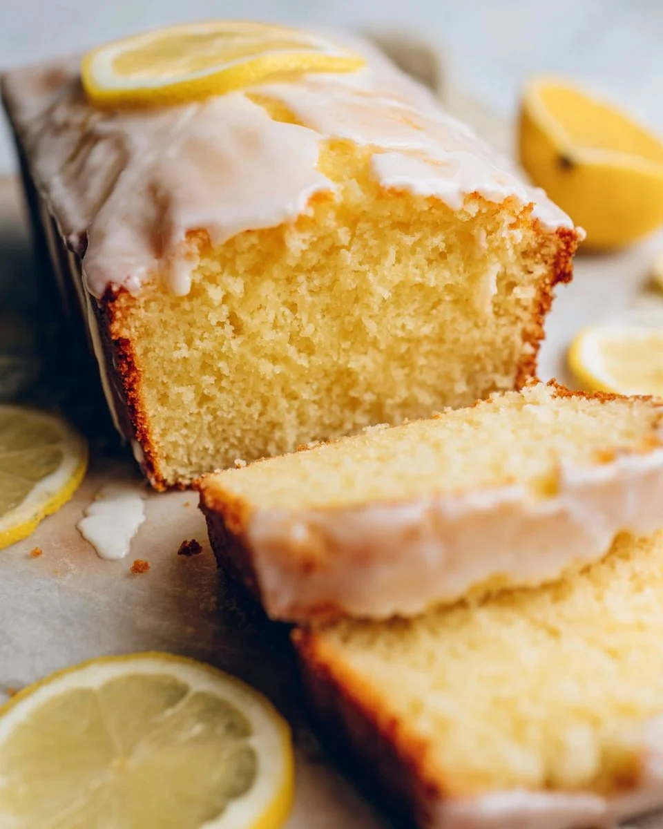 Sliced lemon loaf cake on a white plate garnished with lemon zest
