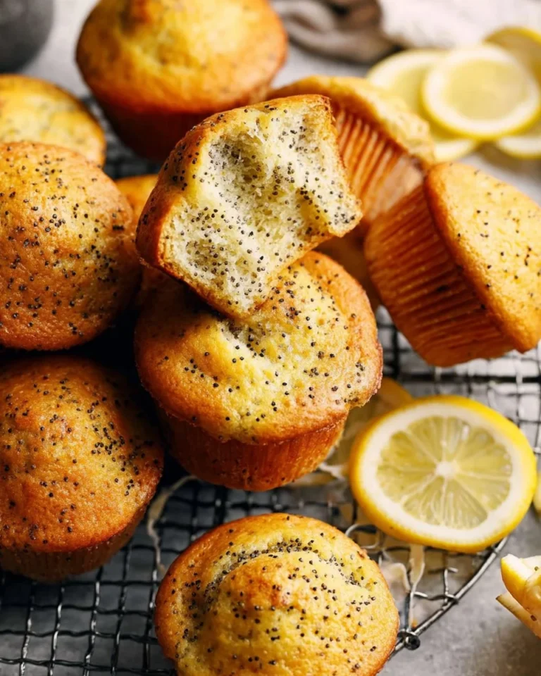 Freshly baked lemon poppy seed muffins on a cooling rack